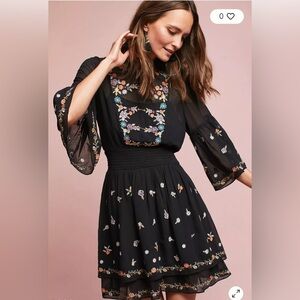 Maeve Black Dress with Multicolor Floral Embroidery